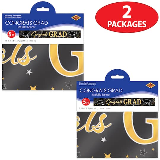 Beistle 5ft. Black & Gold Metallic Congrats Grad Banners, 2ct.